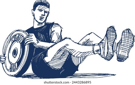 hand-drawn illustration of the man doing exercise with the plate weight