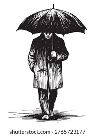 Hand-drawn illustration of a man in a long coat walking under an umbrella during a rainstorm, isolated on white background.