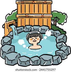 Hand-drawn illustration of a man taking an open-air bath