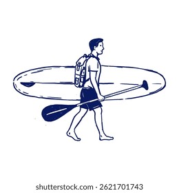 Hand-drawn illustration of a man walking with a SUP board and paddle. Minimalist navy ink doodle in line art style, perfect for summer sports, water activities, travel visuals, and isolated decoration