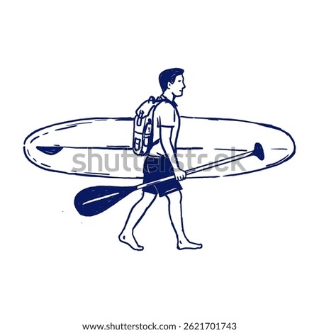 Hand-drawn illustration of a man walking with a SUP board and paddle. Minimalist navy ink doodle in line art style, perfect for summer sports, water activities, travel visuals, and isolated decoration