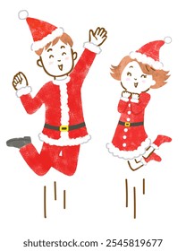 Hand-drawn illustration of a man and woman jumping around in Santa costumes with smiles on their faces.