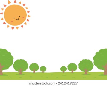 Ilustración de material de un hermoso sol sonriente y un paisaje arbolado