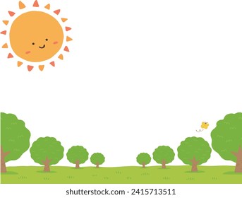 Hand-drawn illustration material of cute smiling sun and trees landscape