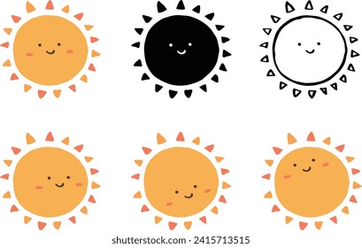 Hand-drawn illustration material set of cute smiling sun