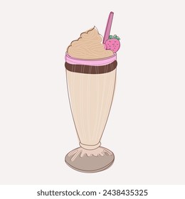 A hand-drawn illustration of a milkshake with a straw and a juicy red strawberry placed on top. The artwork showcases a creamy milkshake in a classic glass filled with a delicious treat