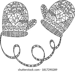 Hand-drawn illustration with mittens for the new year, Christmas. Vector doodle pattern with mittens.Pattern for coloring page.