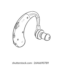 ilustração desenhada à mão de um aparelho auditivo moderno. Perfeito para projetos relacionados à saúde auditiva, acessibilidade, audiologia e tecnologia para deficientes auditivos, estilo de arte de linha preto e branco.
