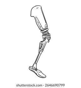 ilustração desenhada à mão de uma perna protética moderna. Esta imagem é perfeita para temas de biônica, tecnologia, deficiência, reabilitação e estilos de vida ativos, estilo de arte de linha preto e branco.