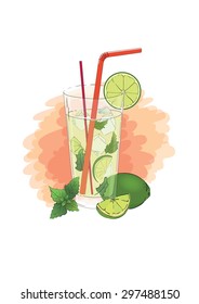 Hand-drawn illustration of mojito cocktail with lime, mint and ice on orange watercolor background. The national drink Cuban. Vector Illustration eps10. Design element for your project, menu, parties