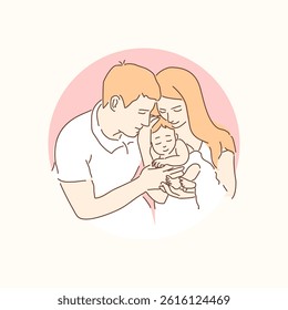 Hand-drawn illustration of mom, dad, and baby in arms