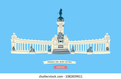 Hand-drawn illustration of Monument to King Alfonso XII, symbol of The Buen Retiro Park (Parque del Buen Retiro) located in central Madrid, Spain