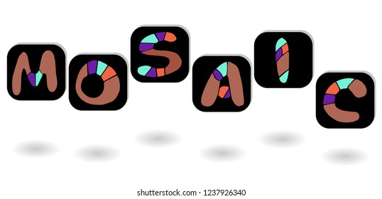 Hand-drawn illustration with mosaic of elements made on ceramic tiles.Texture of ceramic mosaic. Horizontal signboard for mosaic studio. Vector drawing.