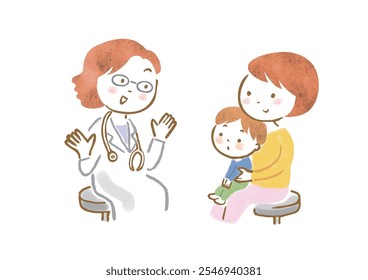 Hand-drawn illustration of a mother and her child undergoing medical examination