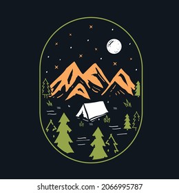 Hand-drawn illustration of a mountain with trees around it. camping tent with moon and stars in the sky. Design for tshirt design or merchandise.