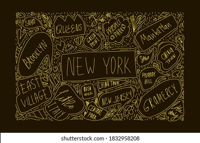 Hand-drawn illustration of new York city map. With handwritten names of districts and attractions. Brooklyn, Green Point, Manhattan, Chinatown, New Jersey. The concept of travel in NY city. Banner