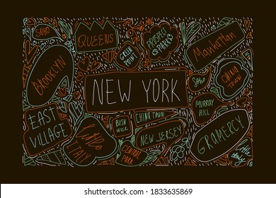 Hand-drawn illustration of new York city map. With handwritten names of districts and attractions. Brooklyn, Green Point, Manhattan, Chinatown, New Jersey. The concept of travel in NY city. Banner