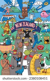 Hand-drawn Illustration of New Zealand icons and characters, all elements are grouped