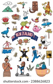 Hand-drawn Illustration of New Zealand icons and characters, all elements are grouped