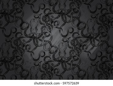 Hand-drawn illustration Octopus in Gray Chalkboard Background. Black and White Pattern. Sea Life Theme.