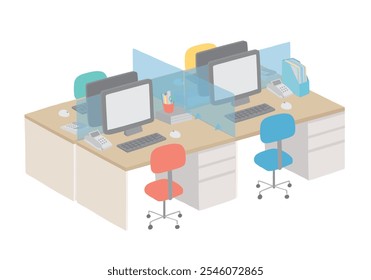 Hand-drawn illustration of office desk, computer, and partition