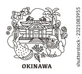 Hand-drawn illustration of Okinawa, Shuri Castle, Guardian lions, whale shark, coral, hibiscus