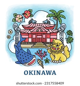 Hand-drawn illustration of Okinawa, Shuri Castle, Guardian lions, whale shark, coral, hibiscus