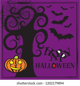 Hand-drawn illustration on the theme of Halloween. Black twisted tree on a purple background, bats, cobwebs and pumpkin with cut out eyes. Vector illustration.