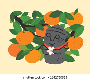 Hand-drawn illustration on the theme of Jeju Island. Cute Dolharbang character with tangerines.