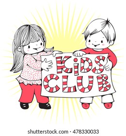  Hand-drawn illustration on the theme of kids club with a little girl and boy.  Vector.
