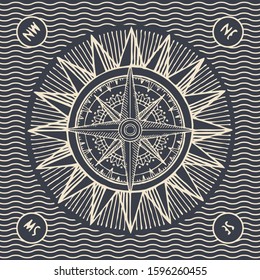 Hand-drawn illustration on the theme of travel, adventure and discovery on the background with waves. Vector banner with sun, wind rose and old nautical compass in retro style on dark background