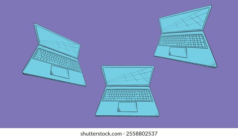 Hand-drawn illustration of an open laptop, featuring keyboard and trackpad, suitable for technology or design concepts