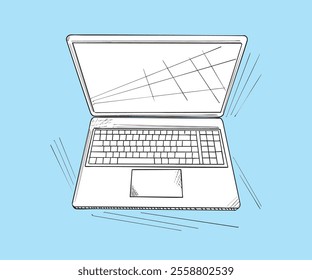 Hand-drawn illustration of an open laptop, featuring keyboard and trackpad, suitable for technology or design concepts