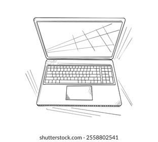 Hand-drawn illustration of an open laptop, featuring keyboard and trackpad, suitable for technology or design concepts