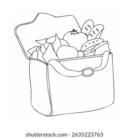 Hand-drawn illustration of an open lunch bag with various foods inside it