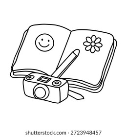 Una ilustración dibujada a mano de un cuaderno abierto con una cara sonriente y un garabato de flores, un bolígrafo y una cámara.