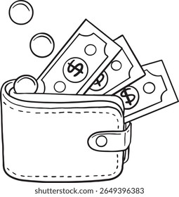 Hand-drawn illustration of an open wallet with banknotes and coins falling out, symbolizing financial abundance, spending, or savings. This simple yet effective icon is perfect for designs.