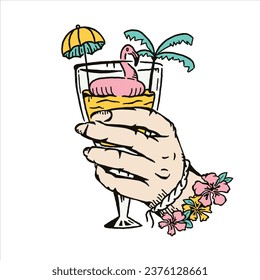 Handgezeichnete Illustration eines Champagnerglases mit rosa Flamingo-Schwimmbad, handmit Namen von Strand und Blume oder Blumenträgt