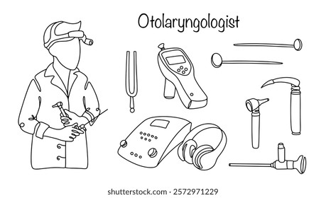 A hand-drawn illustration of an otolaryngologist and the main tools he uses in his work. A doctor who treats the ears, nose and throat. Line medical vector illustration.