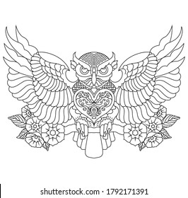 Hand-drawn illustration of an owl with cherry blossoms and a heart shaped lock.