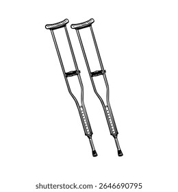 hand-drawn illustration of a pair of medical crutches. This versatile image is ideal for themes of injury, recovery, rehabilitation, and accessibility, black and white line art style.