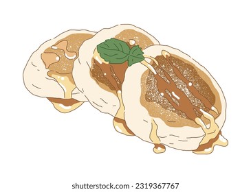 A hand-drawn illustration of a pancake 'soufflé' sold in cafes and bakeries. 'Soufflé' is a French dessert food that is heated and puffed in an oven.