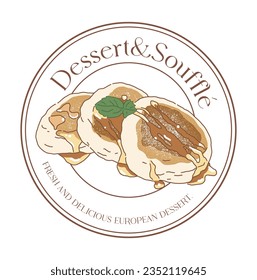 A hand-drawn illustration of a pancake 'soufflé' sold in cafes and bakeries. 'Soufflé' is a French dessert food that is heated and puffed in an oven.