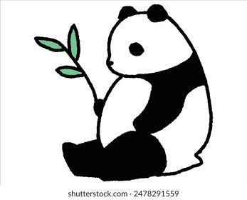 Hand-drawn illustration of a panda sitting and holding bamboo