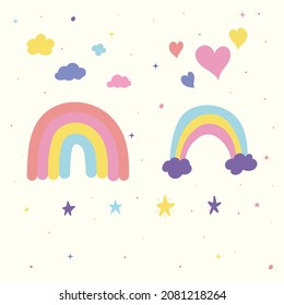 Hand-Drawn Illustration of Pastel Magical Feminine Icon Elements Including Rainbow Stars Clouds and Hearts on a Plain Cream Background