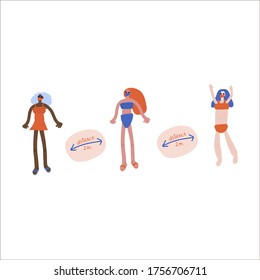 Hand-drawn illustration of people on the beach, in accordance with the requirement during the coronavirus pandemic and after the lifting of some restrictions. People in masks and swimsuits on the