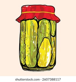 A hand-drawn illustration of a pickle jar sealed with a red fabric cover and tied with a string, evoking a rustic homemade feel.