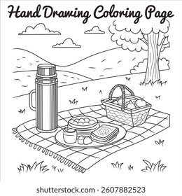 A hand-drawn illustration of a picnic setup, with a basket, food, and a thermos on a blanket in a beautiful park.