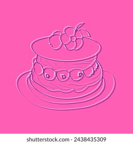 A hand-drawn illustration of a pink cake with cherries on top. The cake is detailed with layers and frosting, and the bright red cherries add a pop of color to the sweet treat