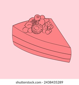 A hand-drawn illustration of a pink cake topped with fresh red cherries, showcasing intricate details and vibrant colors. The cake is decorated elegantly and looks delicious